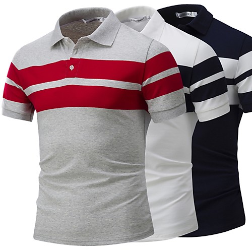 

Men's Golf Shirt Tennis Shirt Striped Button-Down Short Sleeve Street Tops Cotton Business Casual Comfortable Gray White Navy Blue