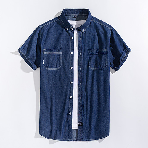 

Men's Shirt Solid Color Short Sleeve Casual Tops Denim Fashion Navy Blue Light Blue