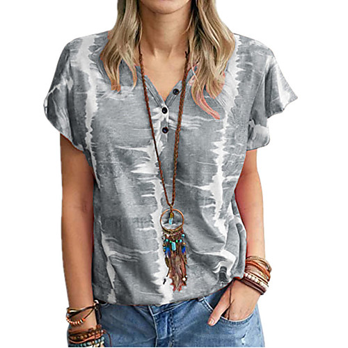 

Women's Painting T shirt Color Block Tie Dye Button Print V Neck Basic Tops Blue Gray Khaki