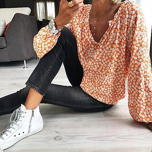 

Women's Floral Theme Blouse Shirt Floral Graphic Long Sleeve Print V Neck Basic Streetwear Tops Blue Yellow Gray