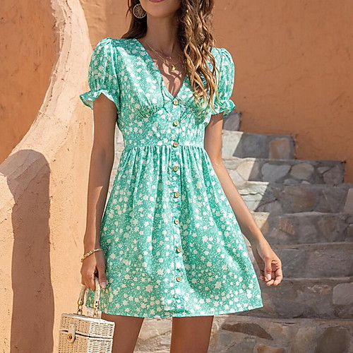 

Women's A Line Dress Short Mini Dress Blue Green Black Short Sleeve Print Print Summer V Neck Casual Puff Sleeve 2021 S M L XL XXL