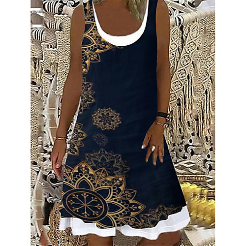 

Women's A Line Dress Knee Length Dress Black Sleeveless Floral Print Print Summer Boat Neck Elegant Casual Holiday 2021 S M L XL XXL 3XL
