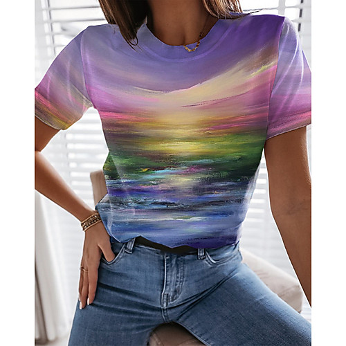 

Women's 3D Printed Painting T shirt Scenery 3D Print Round Neck Basic Tops Purple