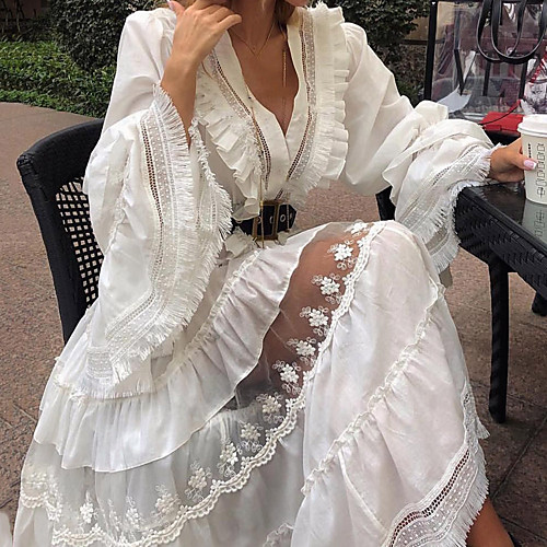 

Women's A Line Dress Maxi long Dress White Long Sleeve Pattern Spring Casual 2021 Increase XXXL S M L XL XXL XXXL