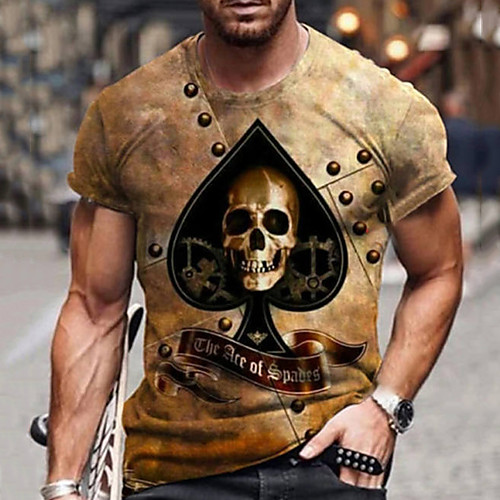 

Men's Tee T shirt Shirt 3D Print Graphic Prints Skull Print Short Sleeve Daily Tops Cotton Casual Designer Big and Tall Round Neck Orange Brown Gray / Summer