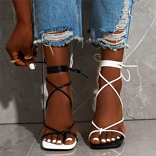 

Women's Sandals Lace up High Heel Square Toe PU Color Block Black / White