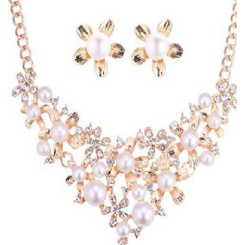 

pearl jewelry set diamonds pearl flower necklace earrings set bridal set dinner dress accessories