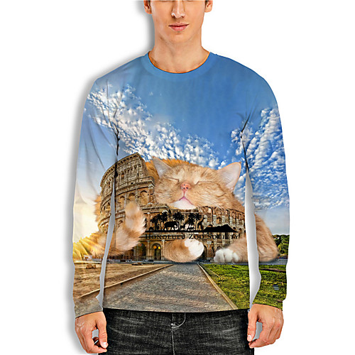 

Men's Tee T shirt Shirt 3D Print Cat Graphic Prints Print Long Sleeve Daily Tops Casual Designer Big and Tall Blue