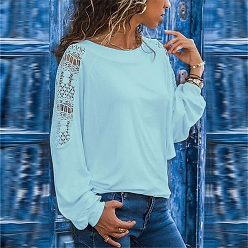 

Women's T shirt Plain Long Sleeve Cut Out Patchwork Round Neck Basic Tops Blue Blushing Pink White