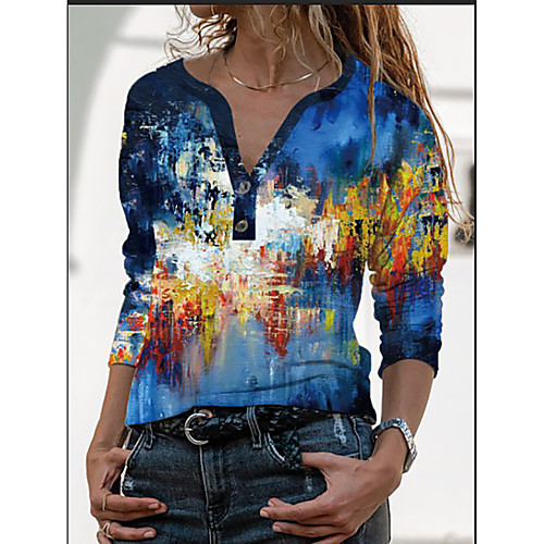 

Women's Floral Theme Abstract Painting T shirt Floral Graphic Tie Dye Button Print V Neck Basic Tops Black