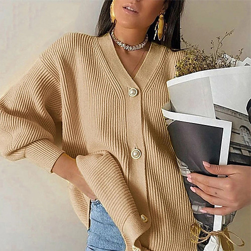 

Women's Button Solid Color Cardigan Long Sleeve Sweater Cardigans V Neck White Yellow Blushing Pink