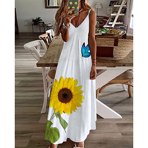 

Women's A Line Dress Maxi long Dress White Sleeveless Floral Butterfly Animal Print Summer V Neck Casual Holiday 2021 S M L XL XXL 3XL