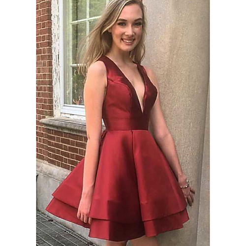 

A-Line Minimalist Sexy Party Wear Cocktail Party Dress V Neck Sleeveless Knee Length Satin with Tier 2021