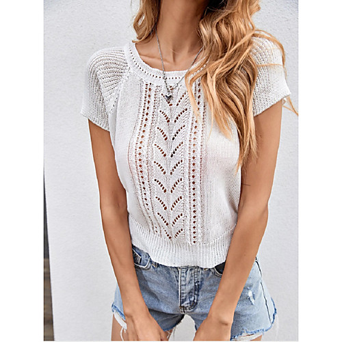 

Women's Solid Color Cardigan Short Sleeve Sweater Cardigans U Neck White