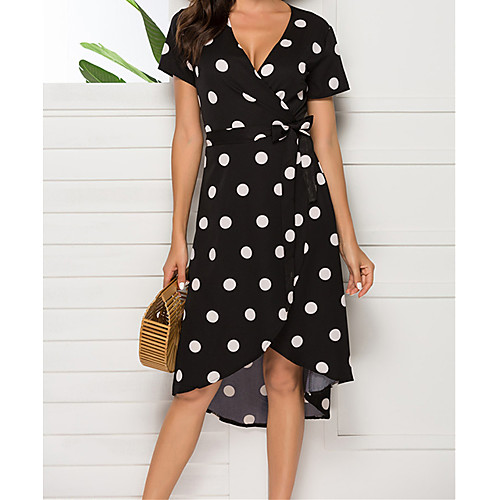 

Women's Sundress Knee Length Dress Black Short Sleeve Polka Dot Fall Summer V Neck Casual Holiday Beach Slim 2021 S M L XL / Cotton / Cotton