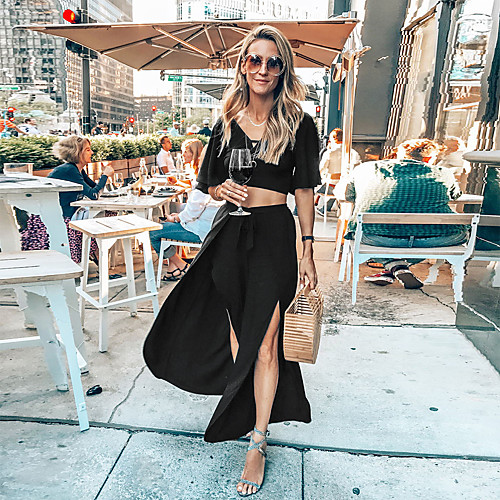

Women's Basic Solid Color Causal Holiday Two Piece Set Crop Top Blouse Cami Top Pant Split Drawstring Tops