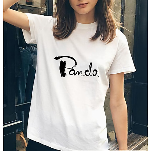 

Women's Painting T shirt Text Panda Print Round Neck Basic Tops Cotton White Black