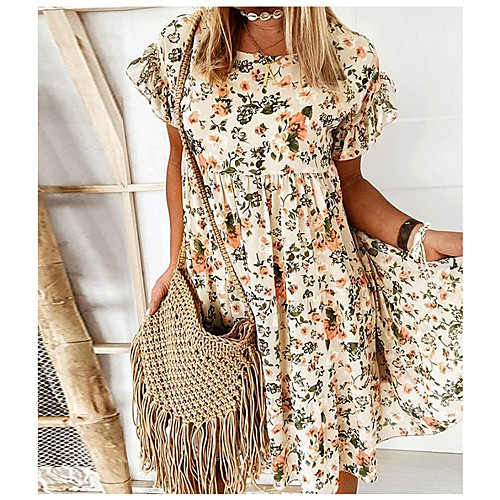 

2021 amazon hot sale summer european and american style female print round neck short sleeve loose dress