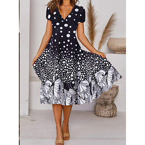 

Women's Swing Dress Knee Length Dress Black Short Sleeve Polka Dot Print Spring Summer V Neck Casual 2021 S M L XL XXL