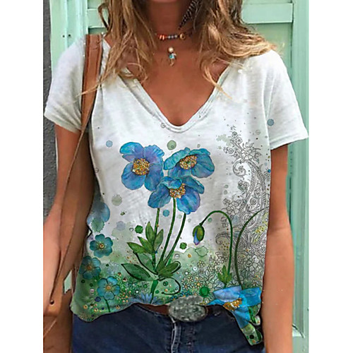 

Women's T shirt Flower V Neck Basic Tops White