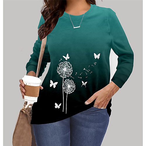 

Women's Plus Size Tops Blouse Hoodies & Sweatshirts Floral Graphic Butterfly Print Long Sleeve Crewneck Basic Green Big Size XL XXL 3XL 4XL 5XL / Holiday