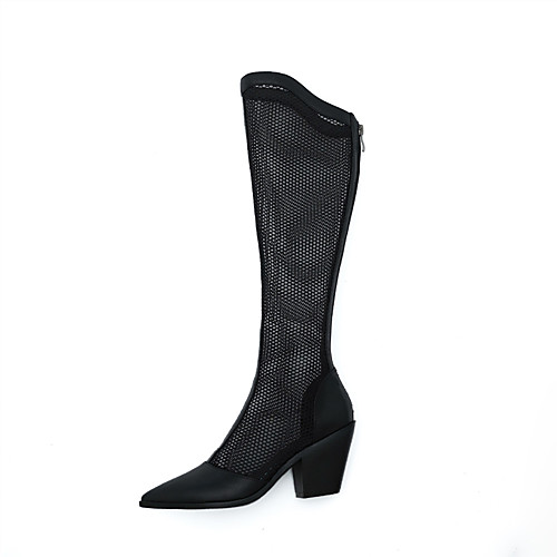 

Women's Boots Summer Boots Cuban Heel Pointed Toe Knee High Boots Mesh PU Solid Colored Black Beige