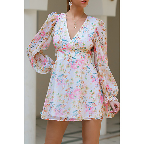 

Women's Sundress Short Mini Dress Blushing Pink Long Sleeve Floral Backless Print Fall Summer V Neck Casual Holiday 2021 XS S M L