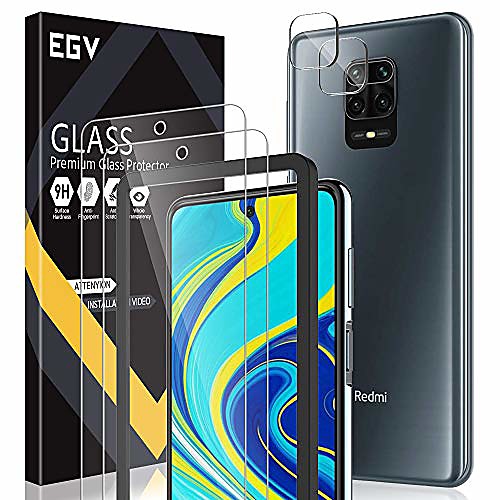 

egv 4 pieces tempered glass protective film for xiaomi redmi note 9s, with camera armored glass and template for installation, 9h hardness tempered glass film, hd clear screen protector [bubble free]