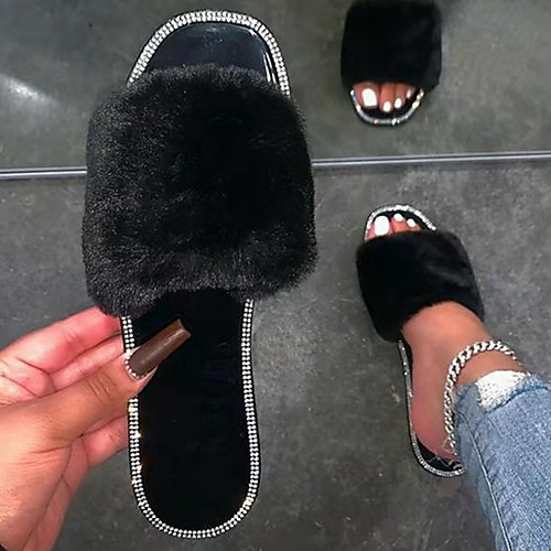 

Women's Sandals Outdoor Slippers Flat Heel Square Toe Faux Fur Solid Colored Almond Red Black