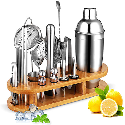 

Cocktail Shaker Bartender Kit 18 Piece Stainless Steel Bar Tools Professional Home and Bar Shaker Set with Bamboo Stand 25 oz 19 oz 12 oz Shaker