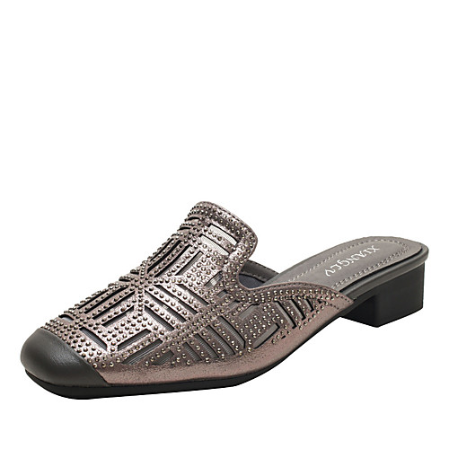 

Women's Clogs & Mules Chunky Heel Square Toe PU Sparkling Glitter Lace Striped Black Khaki Gray