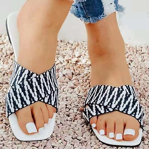 

Women's Sandals Outdoor Slippers Flat Heel Square Toe PU Braided White Black