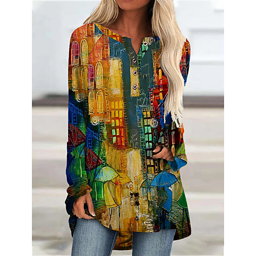 

Women's T shirt Color Gradient Long Sleeve Print Round Neck Basic Tops Red Yellow