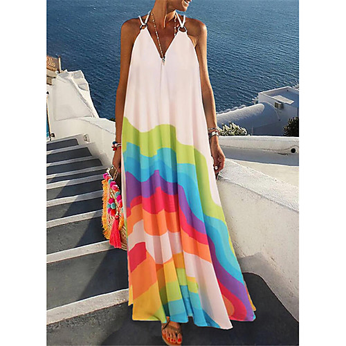 

Women's A Line Dress Maxi long Dress White Sleeveless Color Block Color Block Summer V Neck Casual Rainbow Holiday Loose 2021 S M L XL / Cotton / Cotton
