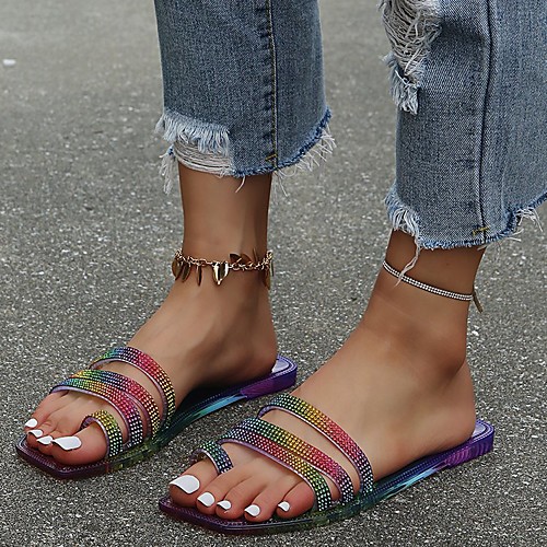 

Women's Sandals Flat Heel Square Toe PU Color Block Rainbow