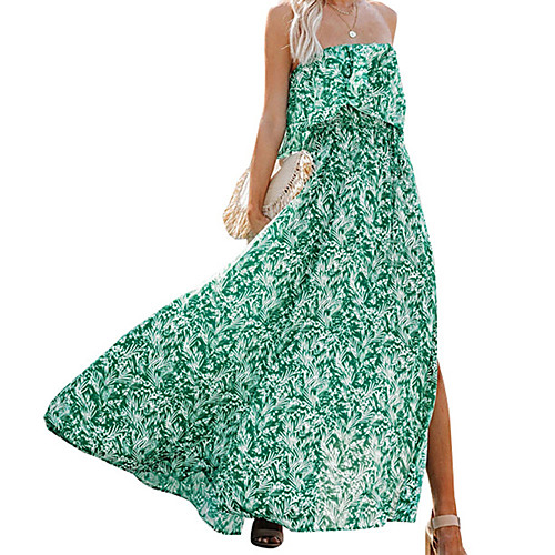 

Women's Swing Dress Maxi long Dress Yellow Green Sleeveless Floral Print Spring Summer Strapless Casual Holiday 2021 S M L XL