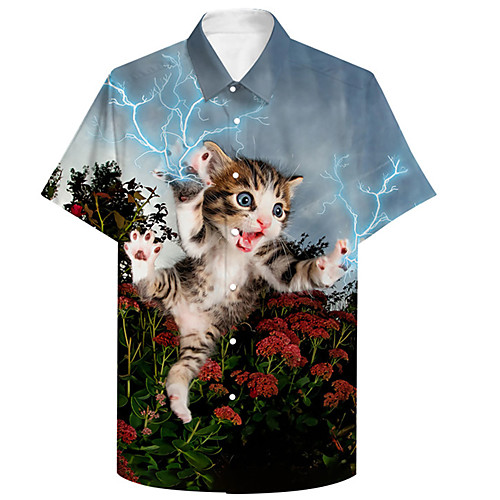 

Men's Shirt 3D Print Floral Cat Animal Plus Size 3D Print Button-Down Short Sleeve Casual Tops Casual Fashion Breathable Comfortable Blue / Sports