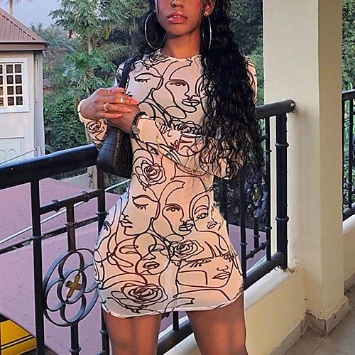 

Women's A Line Dress Short Mini Dress White Long Sleeve Abstract Print Spring Summer Round Neck Sexy 2021 S M L