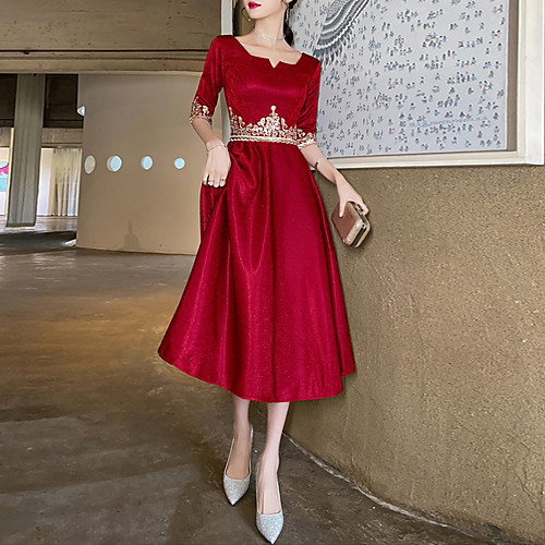 

A-Line Glittering Floral Party Wear Prom Dress Scoop Neck Half Sleeve Tea Length Spandex with Embroidery Appliques 2021