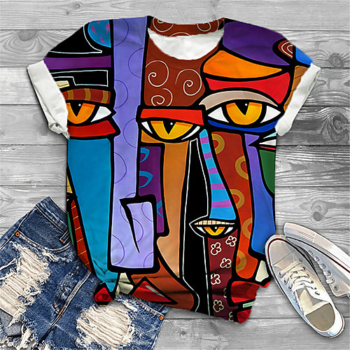 

Women's Plus Size Tops T shirt Graphic Abstract Portrait Print Short Sleeve Crewneck Basic Summer Rainbow Big Size XL XXL 3XL 4XL 5XL / Holiday