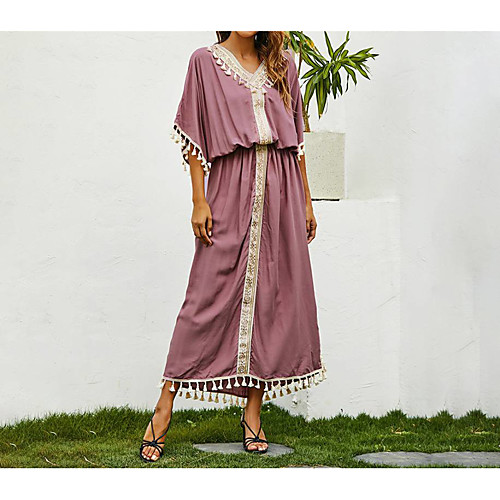 

Women's A Line Dress Midi Dress pale pinkish gray Short Sleeve Solid Color Summer Casual 2021 One-Size / Cotton / Plus Size / Plus Size / Cotton