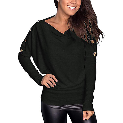 

Women's T shirt Plain Long Sleeve Button Off Shoulder Basic Tops Blue Blushing Pink Green