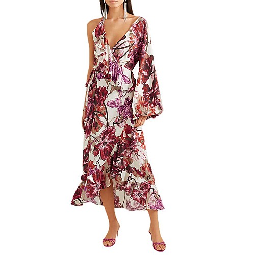 

Women's Swing Dress Midi Dress Purple Long Sleeve Print Summer V Neck Casual 2021 S M L XL XXL