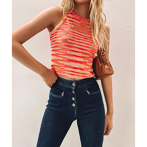 

Women's Stripes Vest Sleeveless Sweater Cardigans U Neck Red