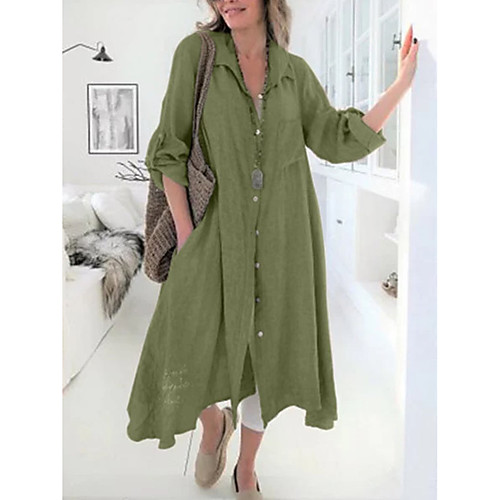 

Women's Shirt Dress Midi Dress Green Light Grey Dark Gray Long Sleeve Solid Color Spring Summer Casual Loose 2021 S M L XL 2XL 3XL