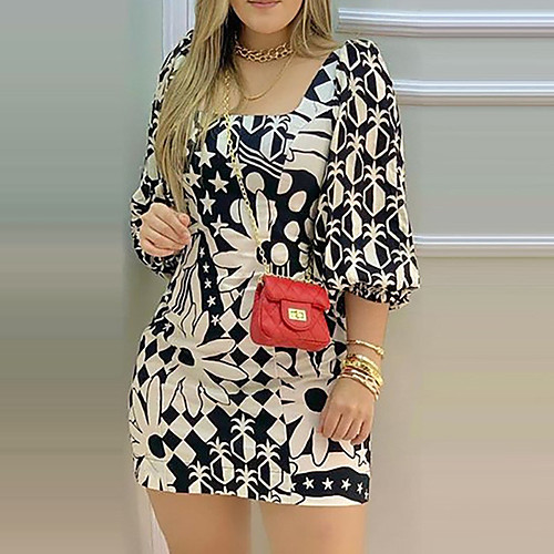 

Women's Sheath Dress Short Mini Dress Black Long Sleeve Floral Spring Summer Square Neck Sexy 2021 S M L XL