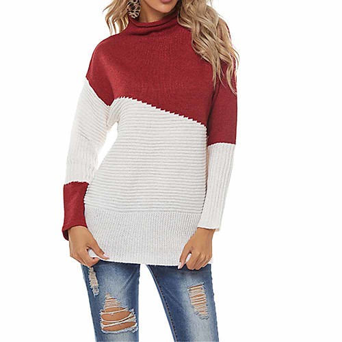 

Women's Knitted Color Block Sweater Long Sleeve Sweater Cardigans Turtleneck Fall Red Khaki Light gray