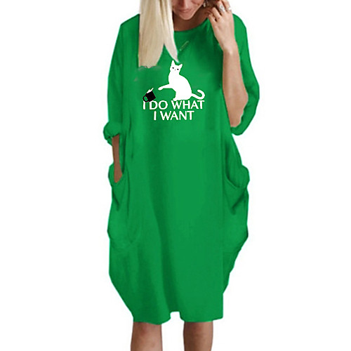 

Women's T Shirt Dress Tee Dress Knee Length Dress Blue Yellow Fuchsia Gray Green White Black Long Sleeve Cat Spring Summer Round Neck Casual Oversized 2021 S M L XL XXL 3XL 4XL 5XL