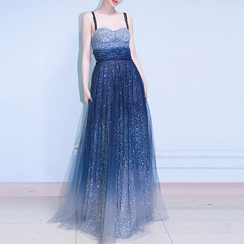 

A-Line Color Block Sparkle Wedding Guest Formal Evening Dress Spaghetti Strap Sleeveless Floor Length Tulle with Sequin 2021
