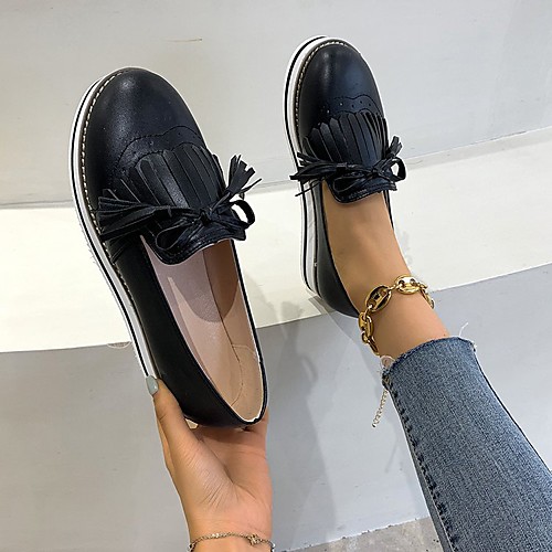 

Women's Loafers & Slip-Ons Tassel Loafers Tassel Shoes Flat Heel Round Toe Vintage PU Bowknot Tassel Solid Colored Black Blue Pink